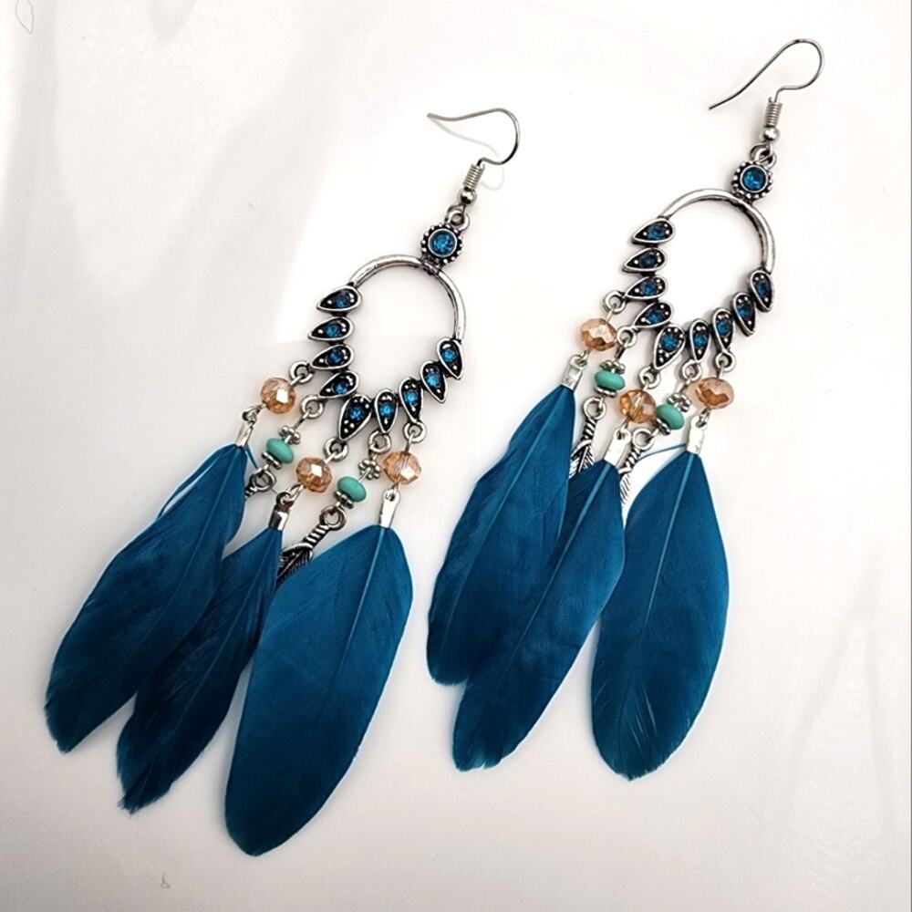 Siren's Wing Silver Blue Boho Feather Earrings - Picture 2 of 4